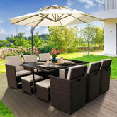 11 Pcs Patio Dining Set Space Saving Rattan Furniture W/ Ottoman, Cushion & Dust Cover